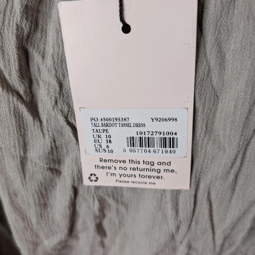 💘 NWT Missguided Taupe Bardot Tassel Dress Size 6 - Picture 4 of 8